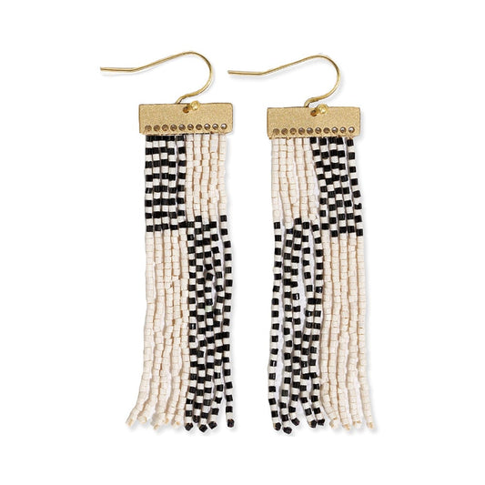 Lana Rectangle Hanger Colorblock with Stripes Beaded Fringe Earrings Black/Ivory