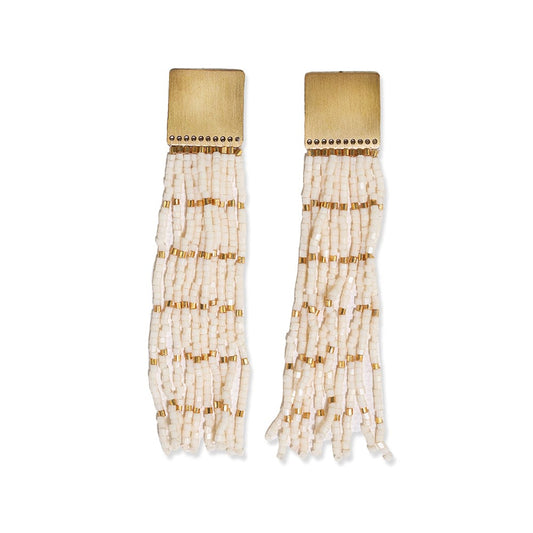 Harlow Brass Top Solid with Gold Stripe Beaded Fringe Earrings Ivory