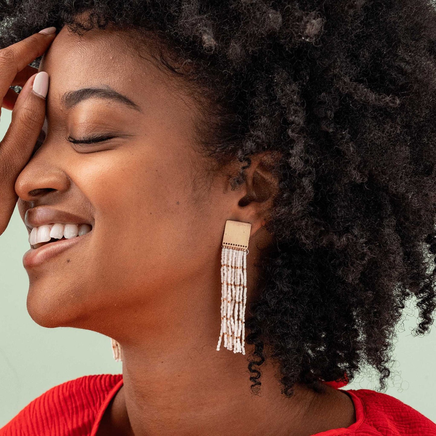 Harlow Brass Top Solid with Gold Stripe Beaded Fringe Earrings Ivory
