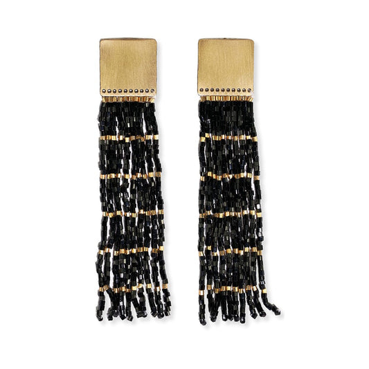 Harlow Brass Top Solid with Gold Stripe Beaded Fringe Earrings Black