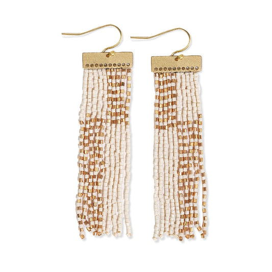 Lana Rectangle Hanger Colorblock with Stripes Beaded Fringe Earrings Ivory/Gold