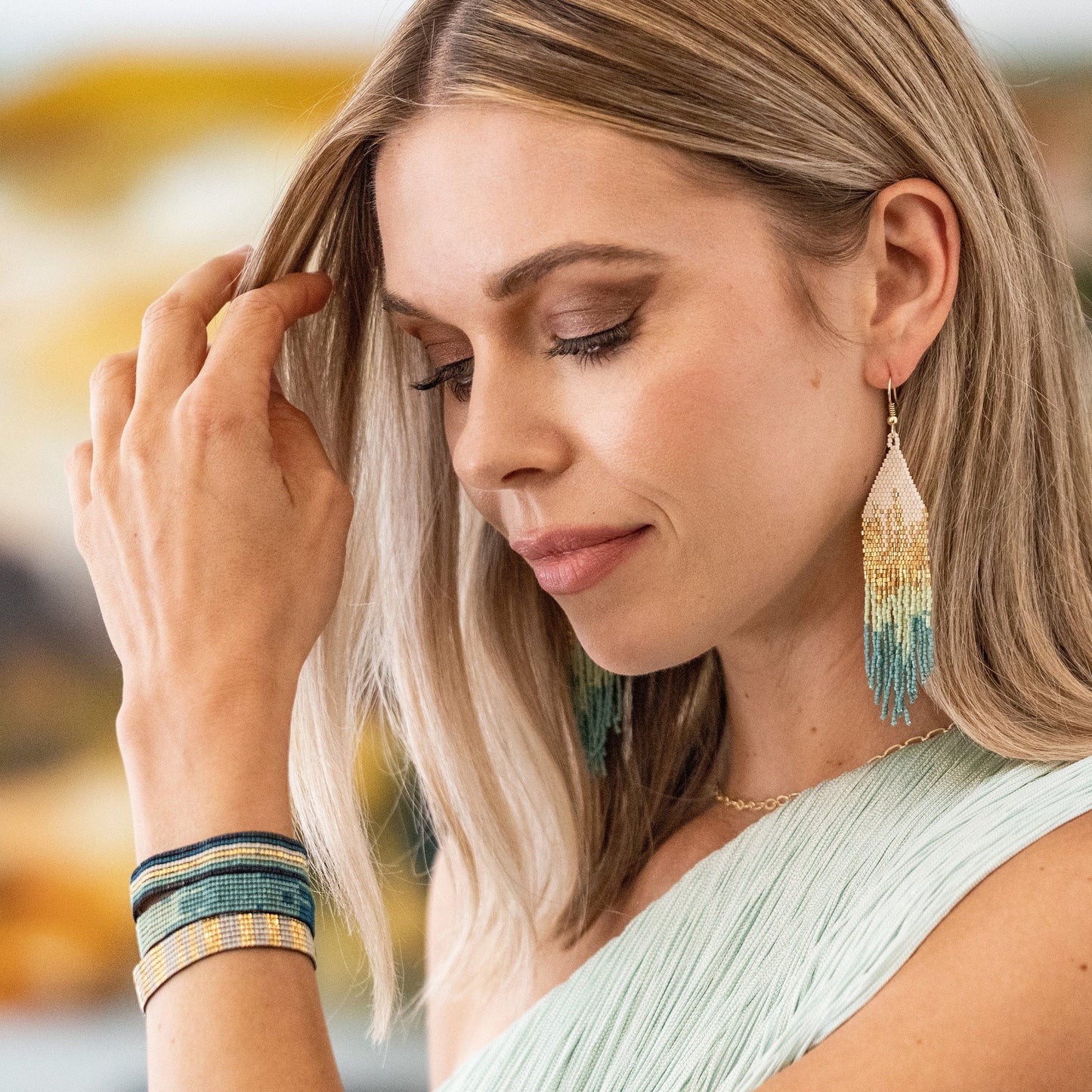 Claire Ombre Beaded Fringe Earring Mint