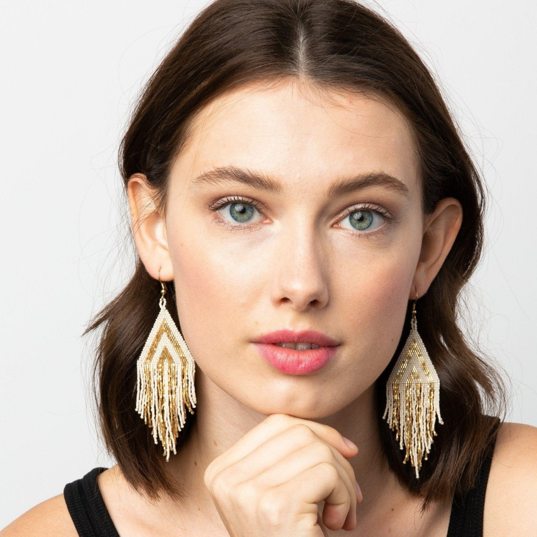 Gold Ivory Stripe Luxe Earring with Fringe