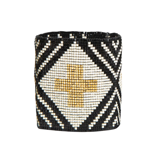 Black Ivory Stripe with Cross Stretch Beaded Bracelet 2.25"