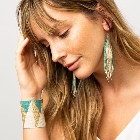 Teal Ivory Gold Stretch Beaded Bracelet 2.25"